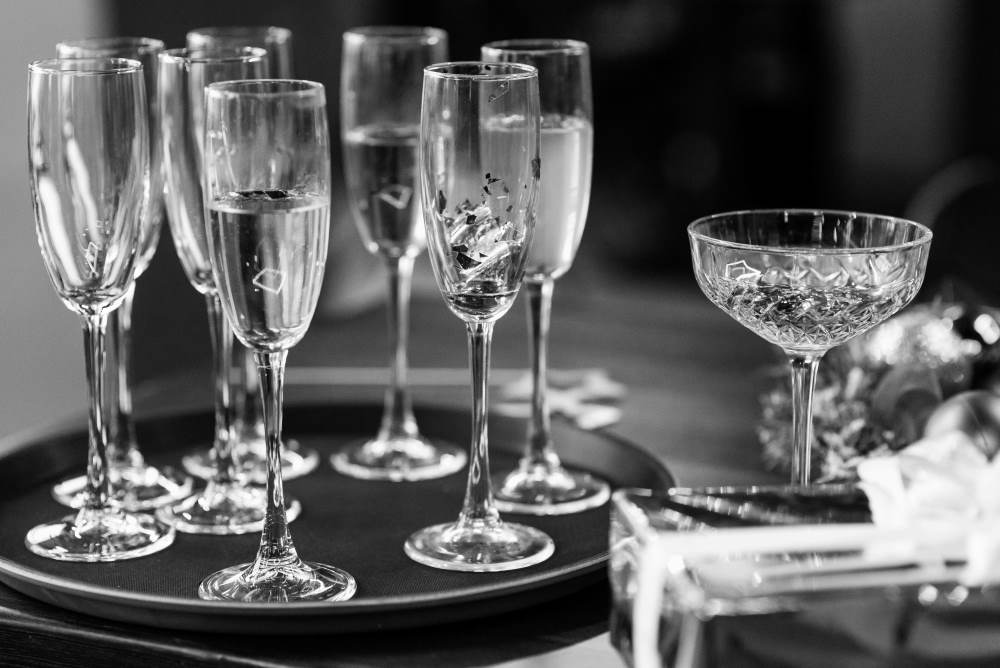 Champagne glasses on tray